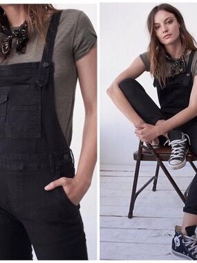 Free People Black Denim Overalls with Front Bib Pocket